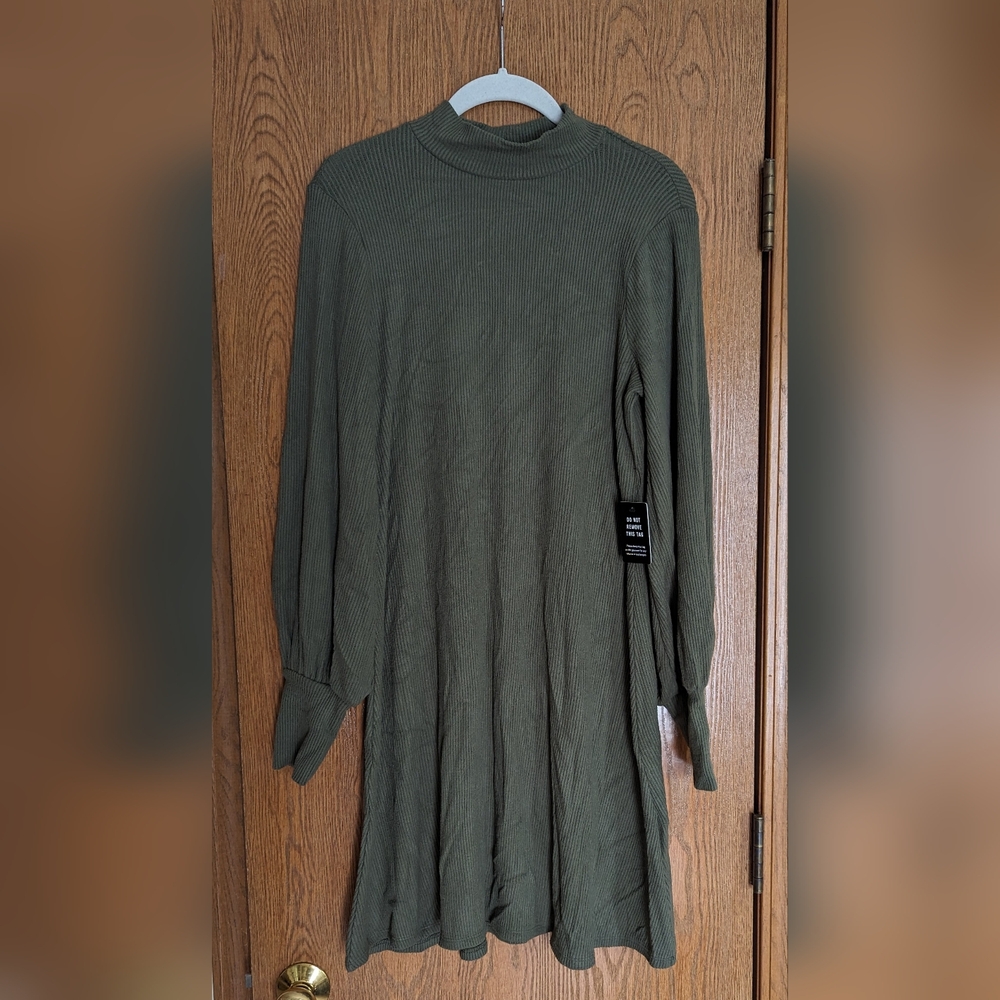 Express Mock Neck Rib Knit Midi Dress in Olive, Size Medium